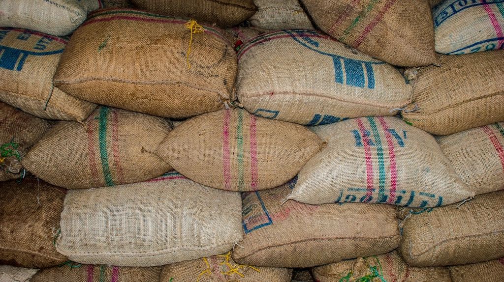 Sacos de café apilados en una bodega